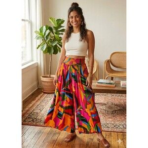 True Destinations Pants Wide Leg Womens Art Coastal  Beach Palazoo   Size L